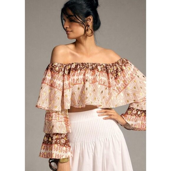 Mare Mare X Anthropologie off the shoulder tiered cropped blouse NWT - Picture 2 of 10